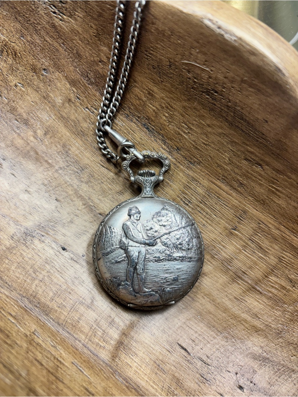 Engraved Silver-Tone Pocket Watch Necklace with Fisherman Motif